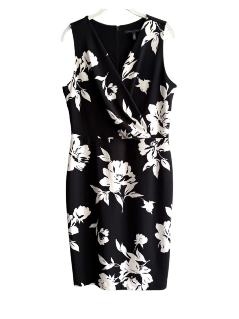 WHBM Sleeveless Dress Surplice Top Floral Sheath Midi Black White Size 10